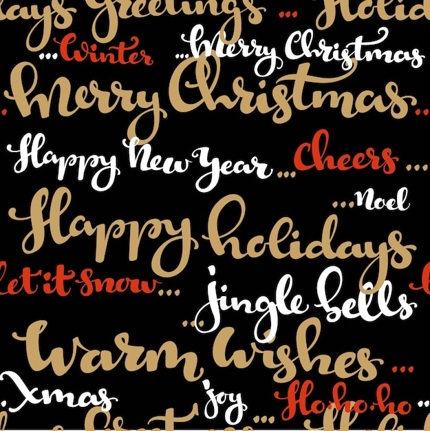 Seamless pattern of Christmas greetings and wishes calligraphy white and golden on a black background