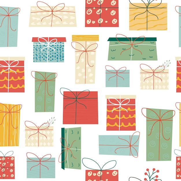 Seamless pattern of Christmas hand drawn gift box
