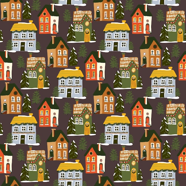 Seamless pattern for Christmas holiday with cute houses and trees on a dark background