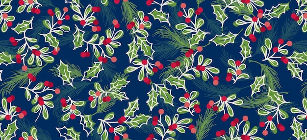 Seamless Pattern of Christmas Holly leafs, Mistletoe, and Berries-Christmas Vector Design