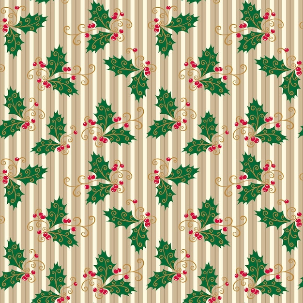 Vector seamless pattern of christmas holly leaves with red berries-traditional christmas vector design