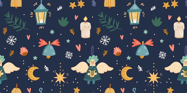 Seamless pattern of Christmas items Moon stars candle bell angel branches flashlight on a dark