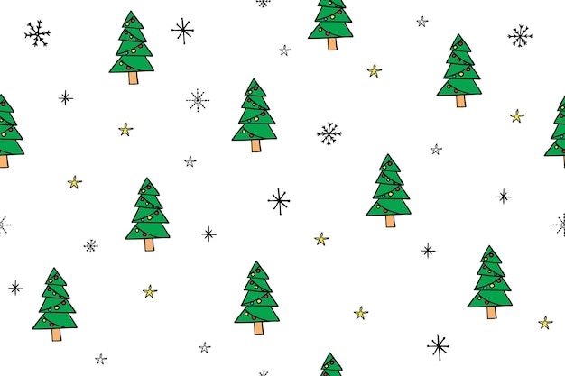 Seamless pattern of Christmas tree with fairy lights snowflakes and stars in doodle style