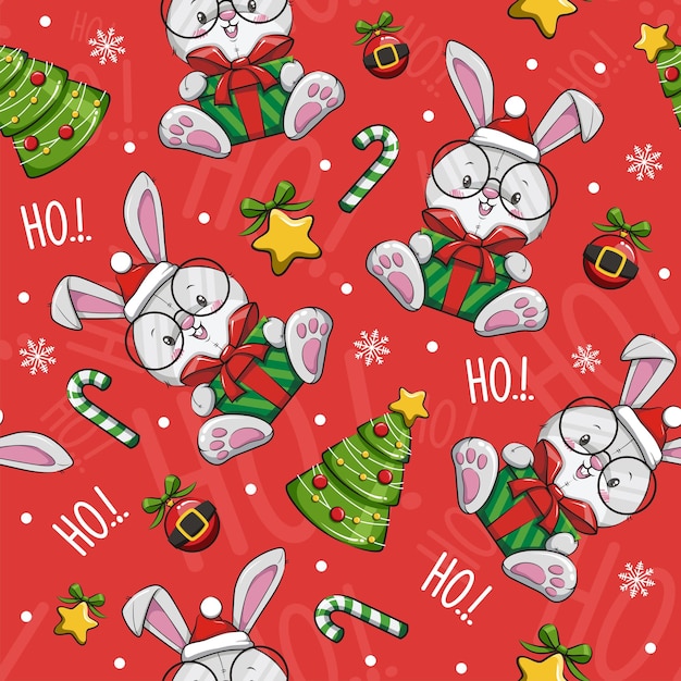 Seamless pattern natale con coniglio babbo natale, simpatico cartone animato illustrazione