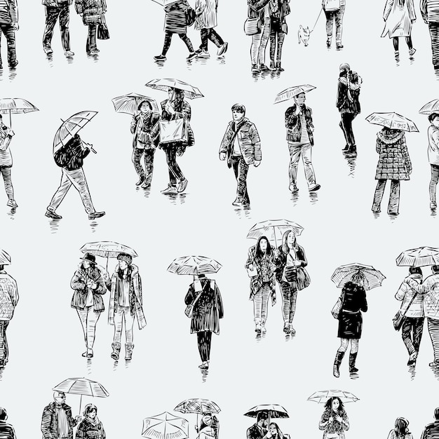 Seamless pattern of the city dwellers in the rain