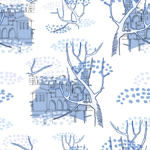 Seamless pattern Cityscape with historic buildings behind a big tree Old town concept