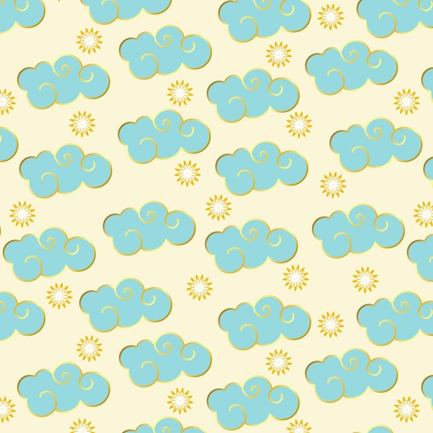 Vector seamless pattern of clouds and flowers on a delicate yellow background