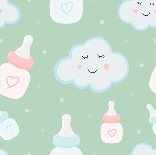 Seamless pattern of clouds with faces and baby bottles