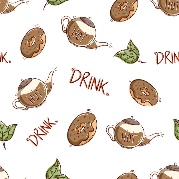 Modello senza cuciture del contenitore del caffè con gustosi dessert con stile doodle