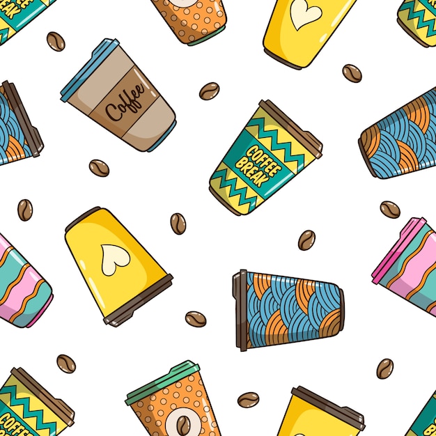 seamless pattern of coffee cup with cute colorful doodle style