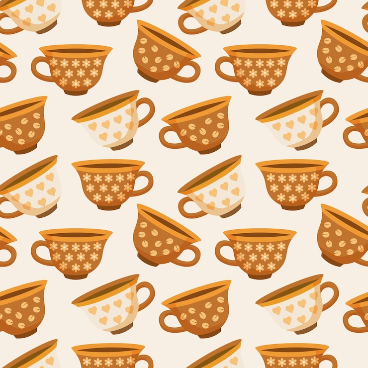 Vector seamless pattern coffee cups with an ornament of coffee beans and hearts brown and beige colors