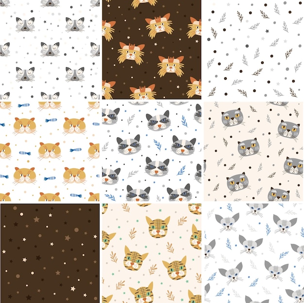 Collezione seamless pattern con facce di gatto. illustrazione vettoriale.