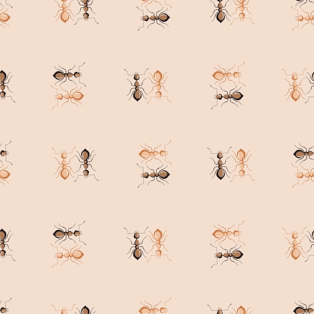 Бесшовные модели колонии муравьев на бежевом фоне. Векторный шаблон насекомых в плоском стиле для любых целей. Текстура современных животных.