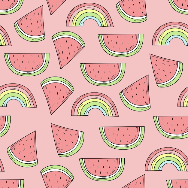 Seamless pattern of color hand drawn watermelons and rainbows for design