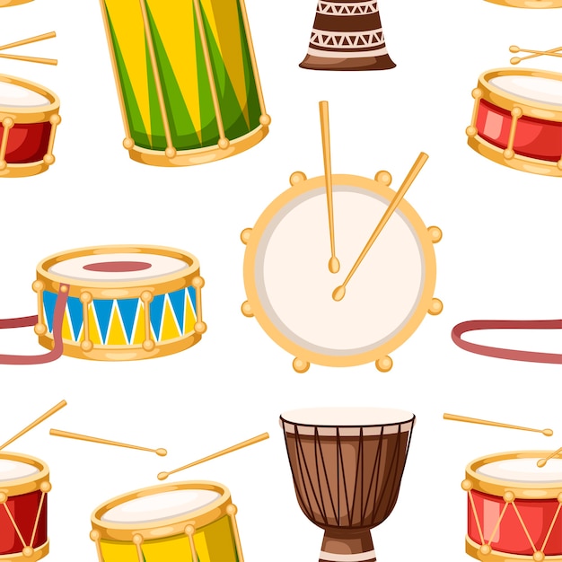 Vector seamless pattern. colored drums with drumsticks icon set.