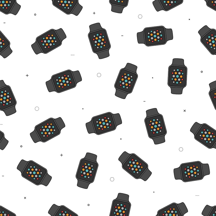 Vector seamless pattern of colored smartwatch icons in thin line design style isolated on white background modern colorful wallpaper with clock for decoration