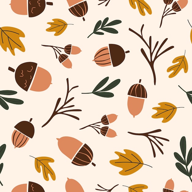 Seamless pattern. Colorful acorns on a light background. Vector illustration