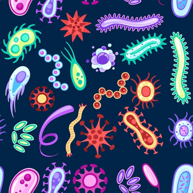 シームレスなパターン。カラフルなバクテリアと細菌。