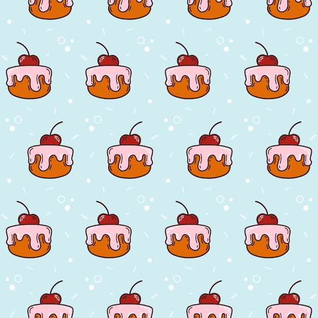 Seamless pattern of colorful cupcake on a light blue background with a red cherry in doodle style.