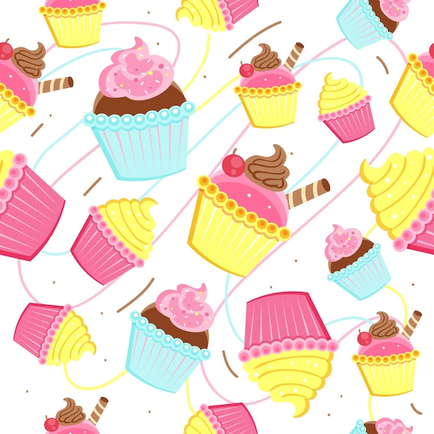 Seamless pattern of colorful cupcakes