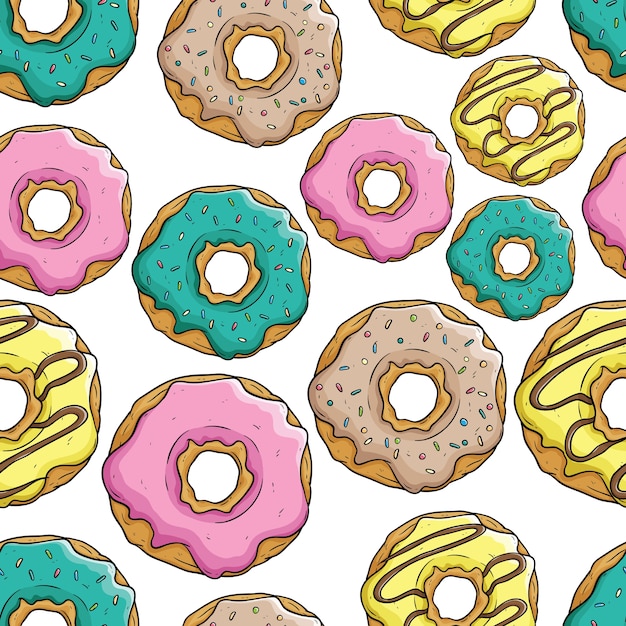 Vector seamless pattern of colorful cute donuts using outline on white background