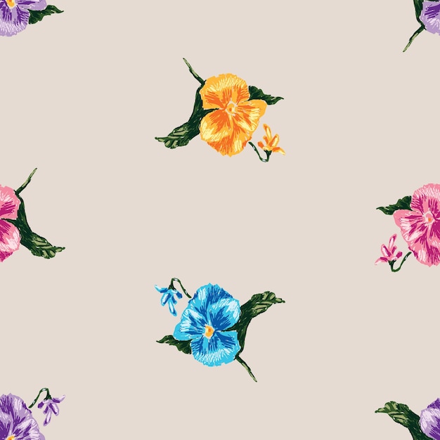 Seamless pattern of colorful drawn pansies