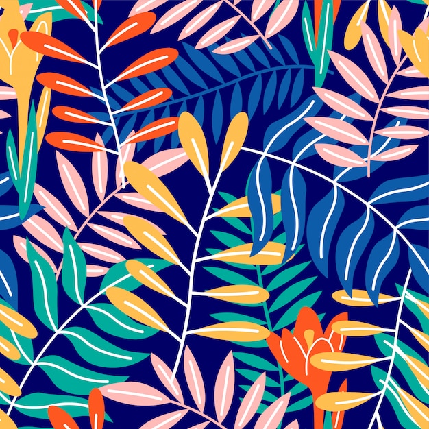 Seamless pattern colorful neon foliage and leaves isolated in white background