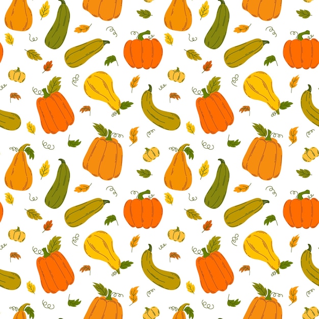 Seamless pattern of colorful pumpkins and leaves in flat style.