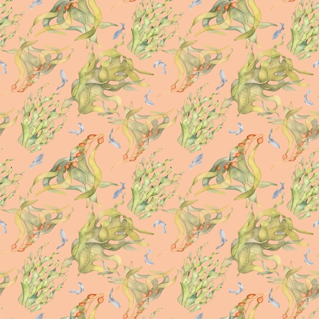 Seamless pattern of colorful sea plants watercolor illustration isolated on pink Laminaria kelp