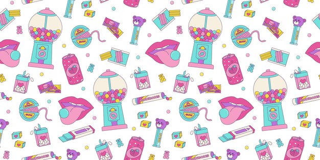 Vector seamless pattern of colorful sweets bubble gum from the 80s 90s retro style nostalgic elements