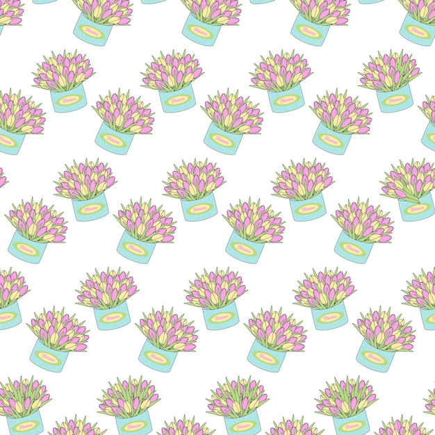 Seamless pattern of colorful tulips in box in trendy soft hues design idea for backdrop or wrapping