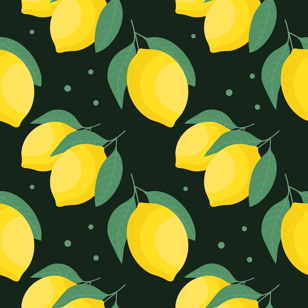 Vector seamless pattern colorful yellow lemons with leaves on a black background textile print