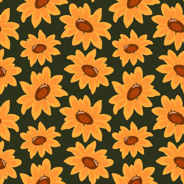 Seamless pattern colorful yellow sunflowers on a green background closeup print textile