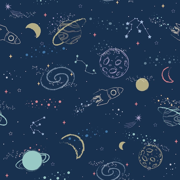 Seamless pattern constellations, planet and star sky. Vector illustration, Galaxy Background.