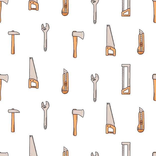 Seamless pattern construction tools doodle vector set of repair elements cartoon icons