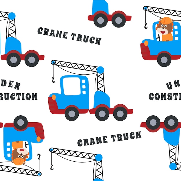 Vector seamless pattern of construction vehicle cartoon with funny animals woorker