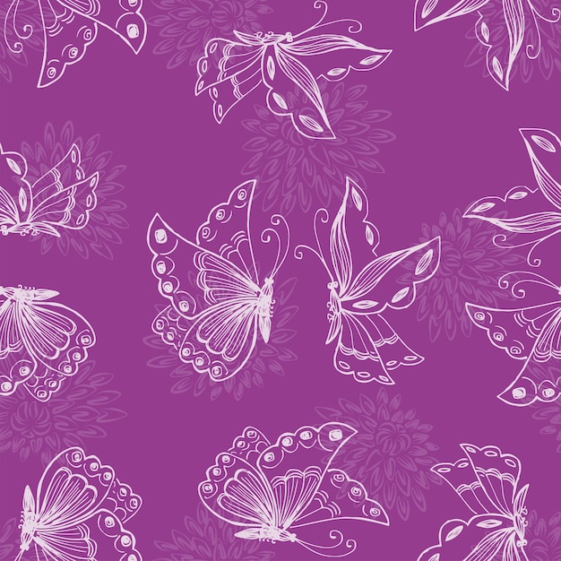 Бесшовный рисунок контуров декоративных летающих бабочек и силуэтов цветов хризантемы