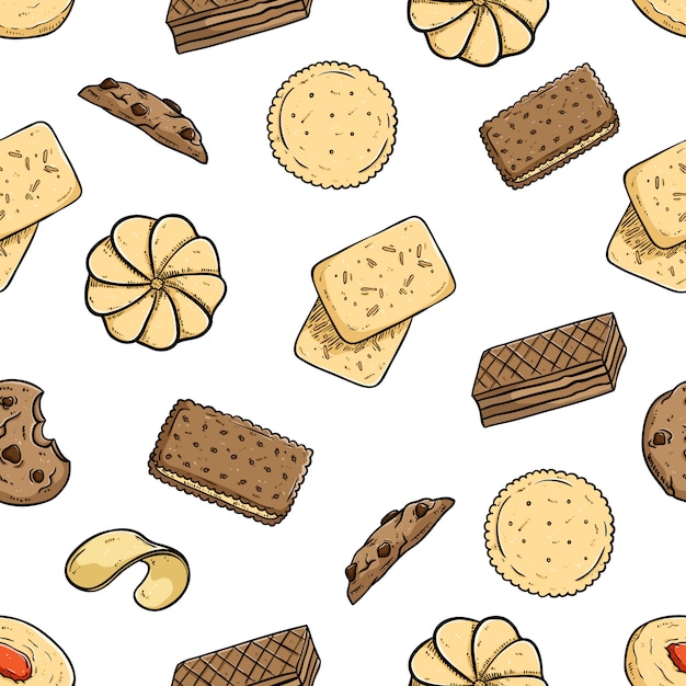 seamless pattern of cookies with colored doodle style on white background