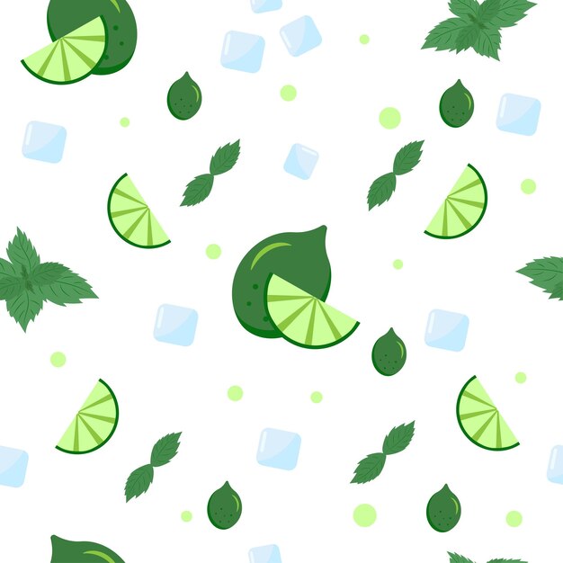 Seamless pattern cool refreshing summer mojito with ice cubes mint leaves and lime Vector