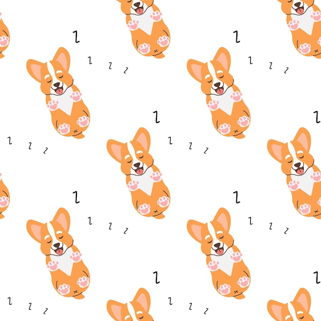 Seamless pattern corgi puppy dog sleeping vector illustration