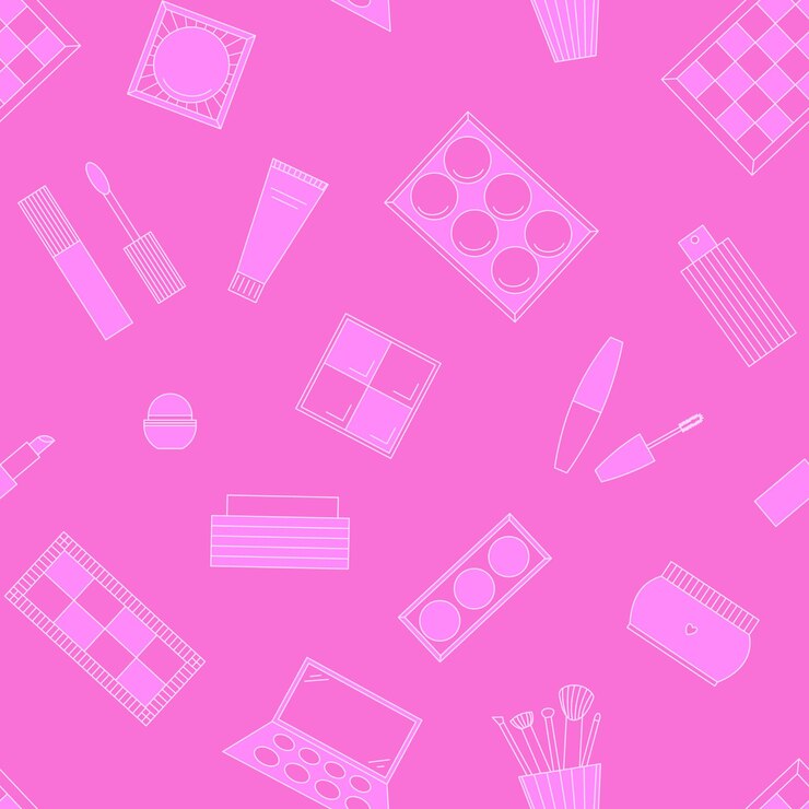 Vector seamless pattern of cosmetics eyeshadow palette blush mascara gloss lipstick cream makeup brushes