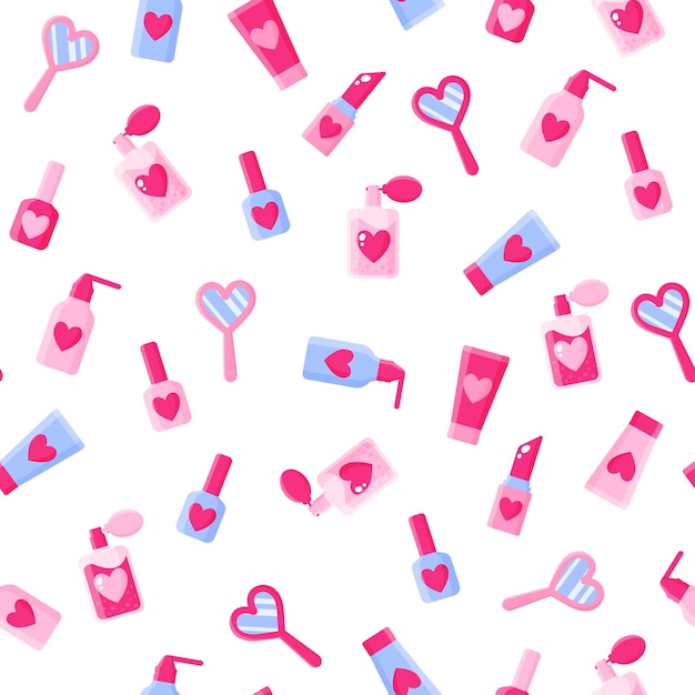 Vector seamless pattern of cosmetics, mirrors, hearts, lipsticks, perfume