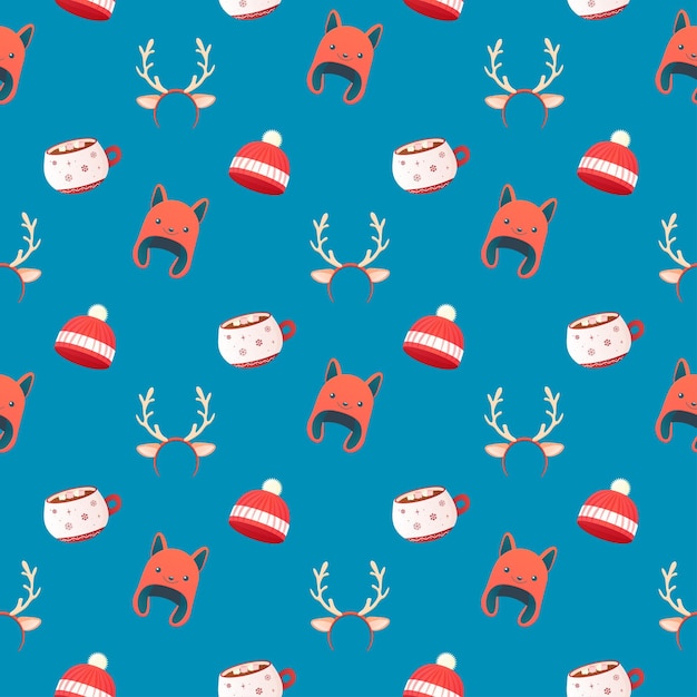 Seamless pattern cosy with winter accessories jumper hat scarf mugs christmas and new year