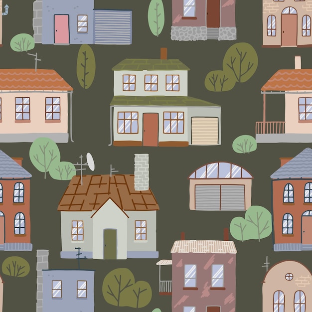 Seamless pattern of country houses cozy city Lovely residential buildings ornament Flat vector illustration Design for wallpaper background