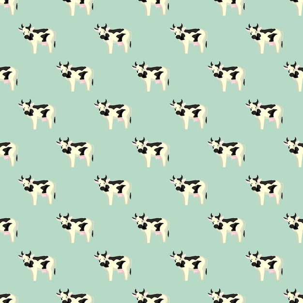 Seamless pattern cow on mint background. texture of farm animals for any purpose. geometric template for textile fabric design. simple vector ornament.