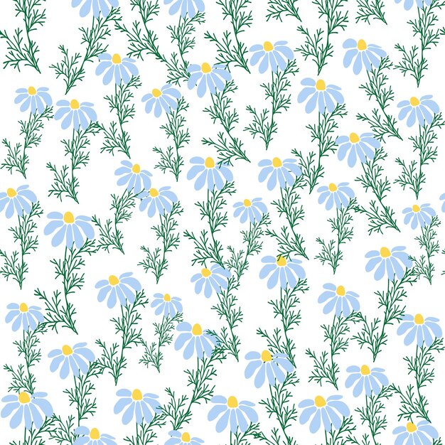 Vector seamless pattern creative floral print with chamomile flowers leaves in hand drawn style on a blueturquoise background spring summer template for design