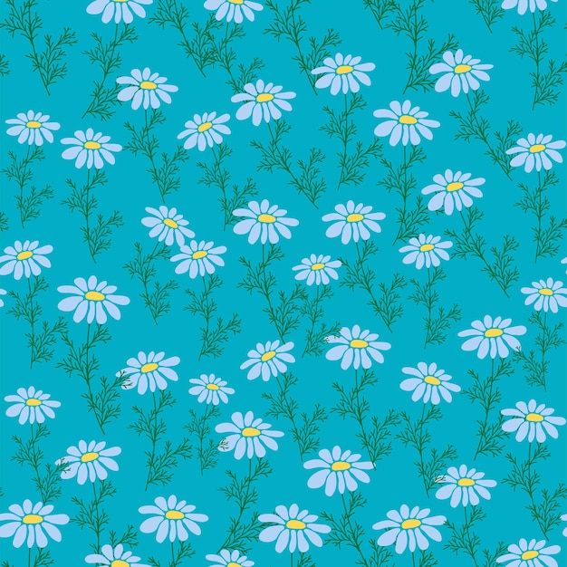Seamless pattern Creative floral print with chamomile flowers leaves in hand drawn style on a blueturquoise background Spring summer template for design