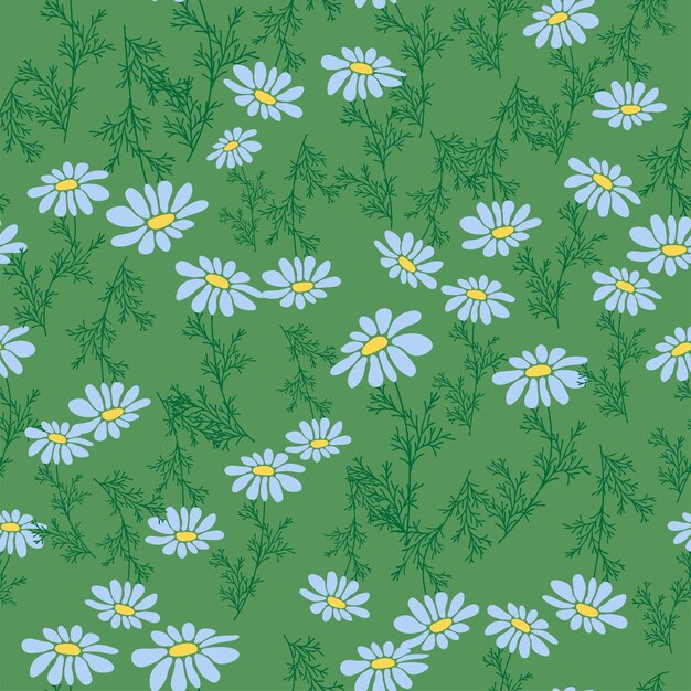 Seamless pattern Creative floral print with chamomile flowers leaves in hand drawn style on a blueturquoise background Spring summer template for design