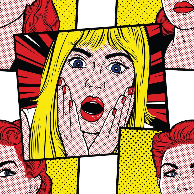 Vector seamless pattern in creative pop art style retro comics surprised blonde girl and red hair woman b