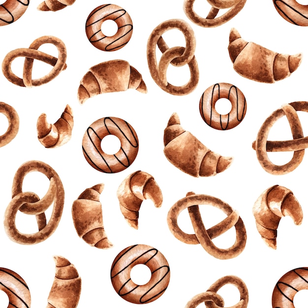 Seamless pattern of croissants donuts, pretzels